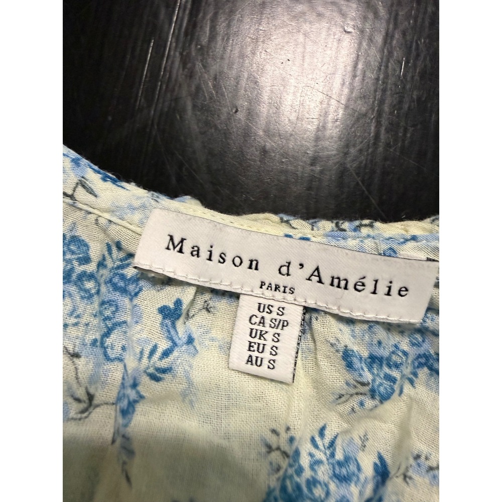 Maison d'Amélie Paris Blue White Floral Ruffle V-Neck Puff Sleeve Blouse Small - Picture 3 of 5